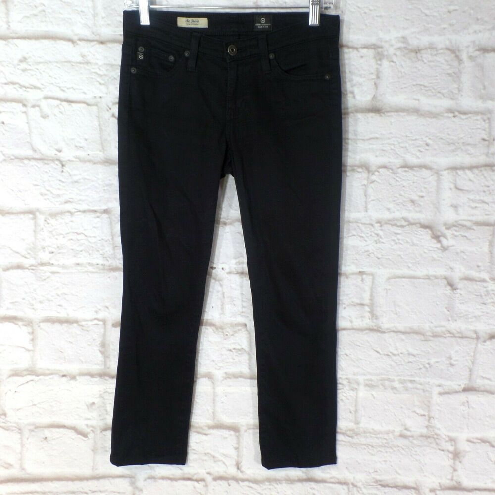 AG ADRIANO GOLDSCHMIED SLIM STRAIGHT STEVIE BLACK SATEEN JEANS Size 25R